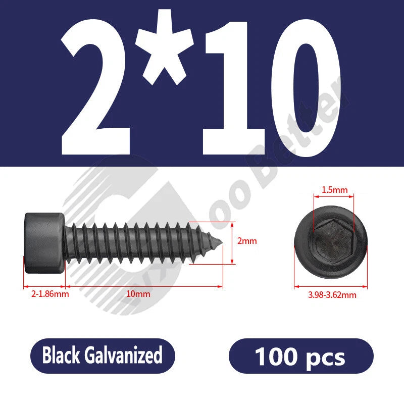 M1.7 M2 M2.3 M2.6 M3 M3.5 M4 M5 M6 Socket Head Self‑Tapping Screws – Alloy Steel, Nickel or Black Zinc