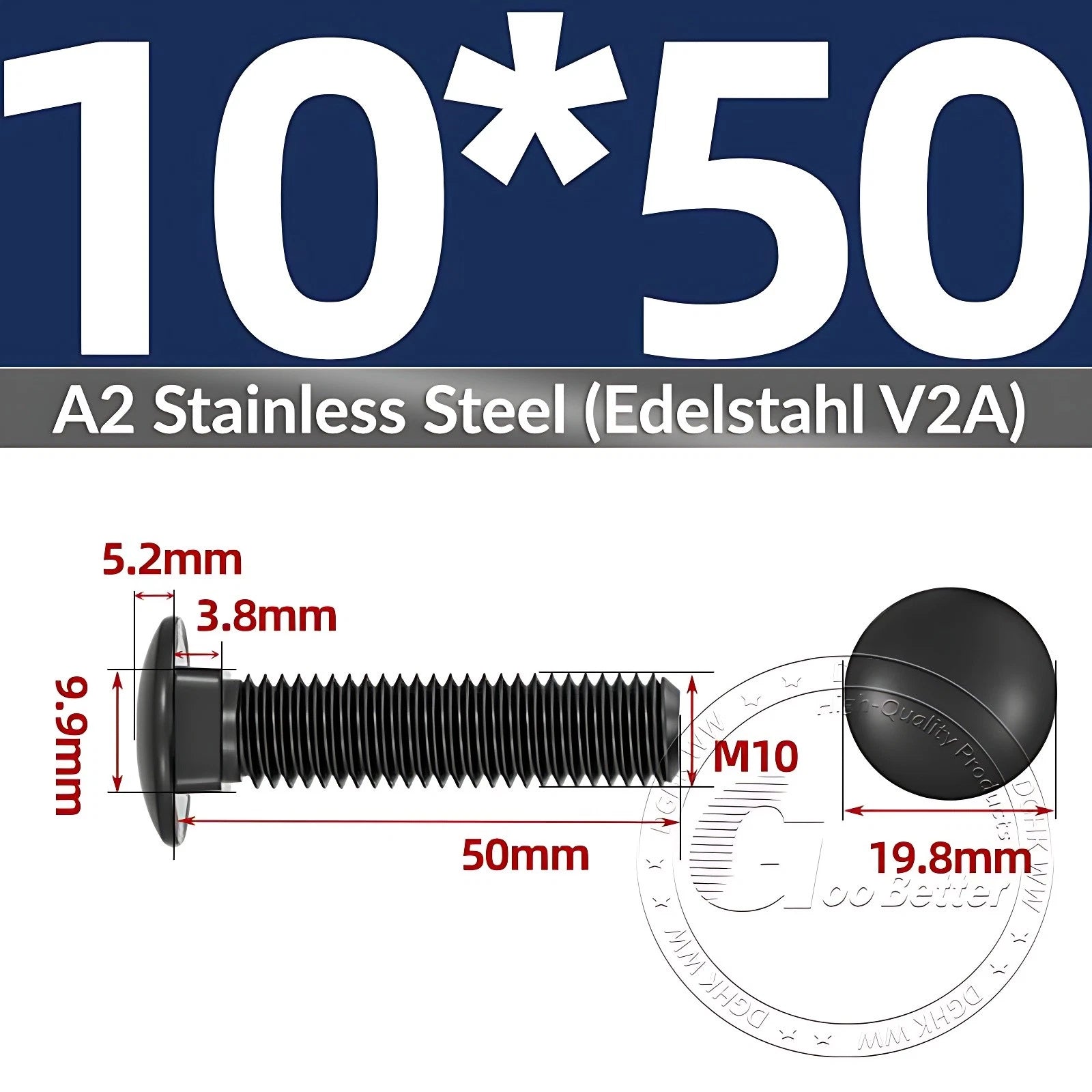 Black Stainless Steel Carriage Bolts M3–M12 | A2 Cup Square Dome Screws