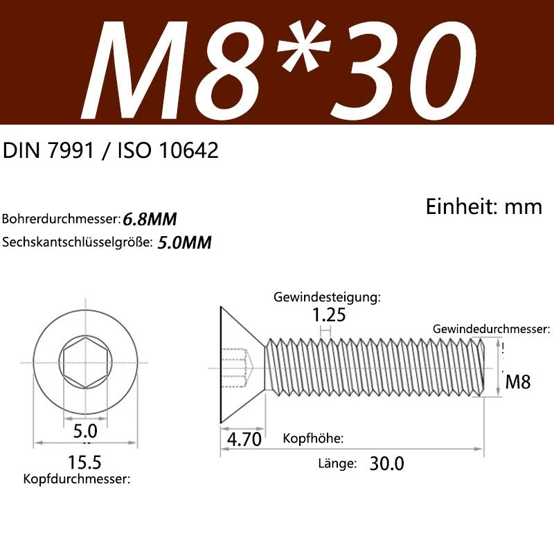 6063 Aluminium Allen Socket Countersunk Screws DIN 7991 — M2 to M8