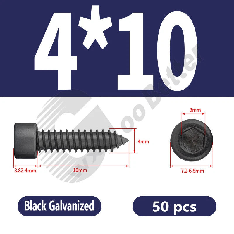 M1.7 M2 M2.3 M2.6 M3 M3.5 M4 M5 M6 Socket Head Self‑Tapping Screws – Alloy Steel, Nickel or Black Zinc
