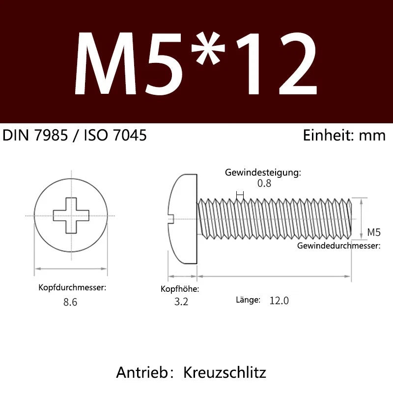 6063 Aluminium Phillips Pan Head Machine Screws DIN 7985 — M1.7 to M6 Metric