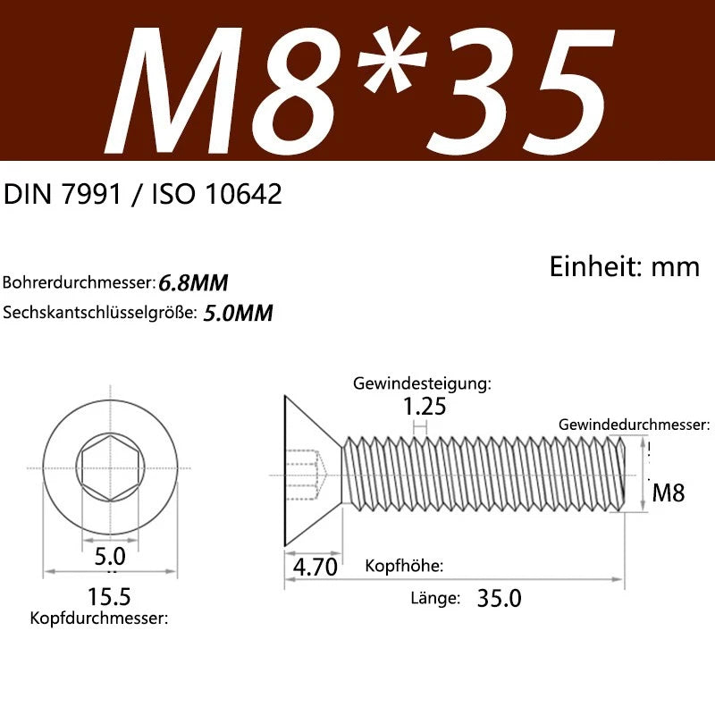 6063 Aluminium Allen Socket Countersunk Screws DIN 7991 — M2 to M8