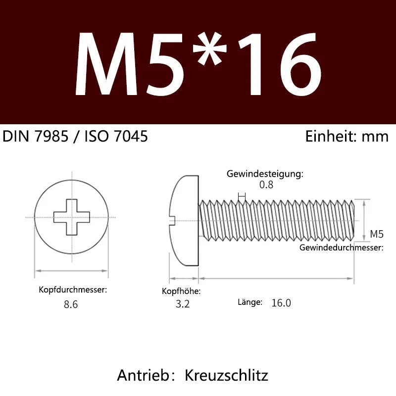 6063 Aluminium Phillips Pan Head Machine Screws DIN 7985 — M1.7 to M6 Metric