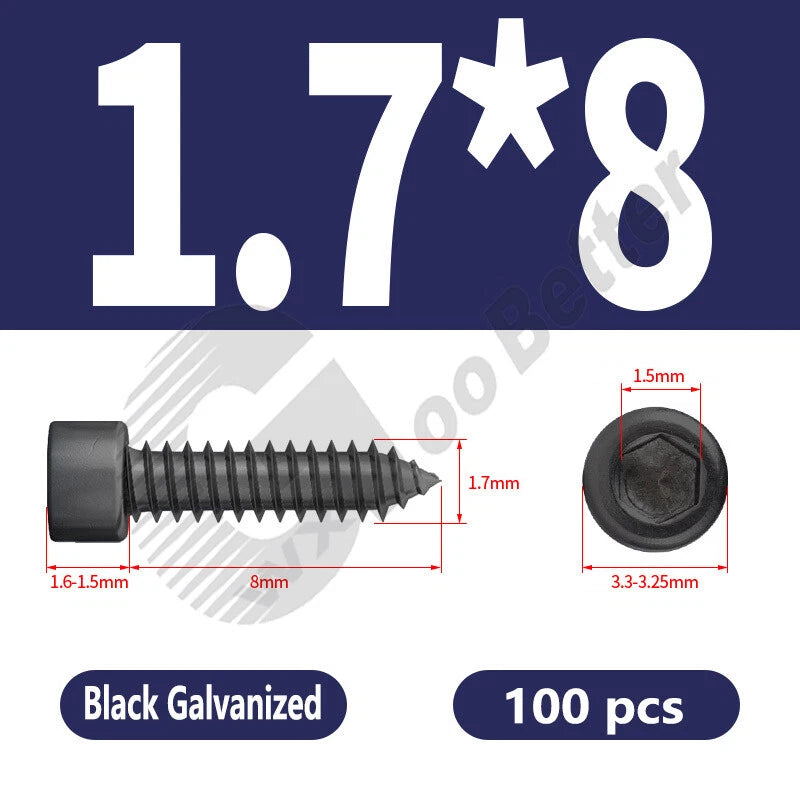 M1.7 M2 M2.3 M2.6 M3 M3.5 M4 M5 M6 Socket Head Self‑Tapping Screws – Alloy Steel, Nickel or Black Zinc