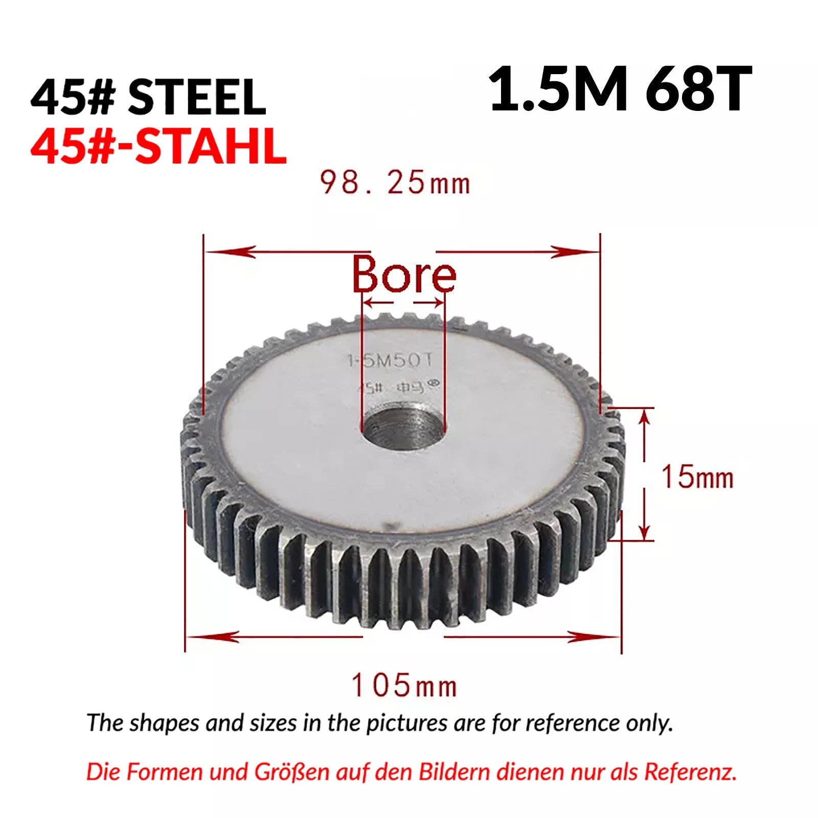 1.5 Mod 12/13/14/15/16/17/18/20-120T 45# Spur Gear Thickn 15mm Transmission Gear