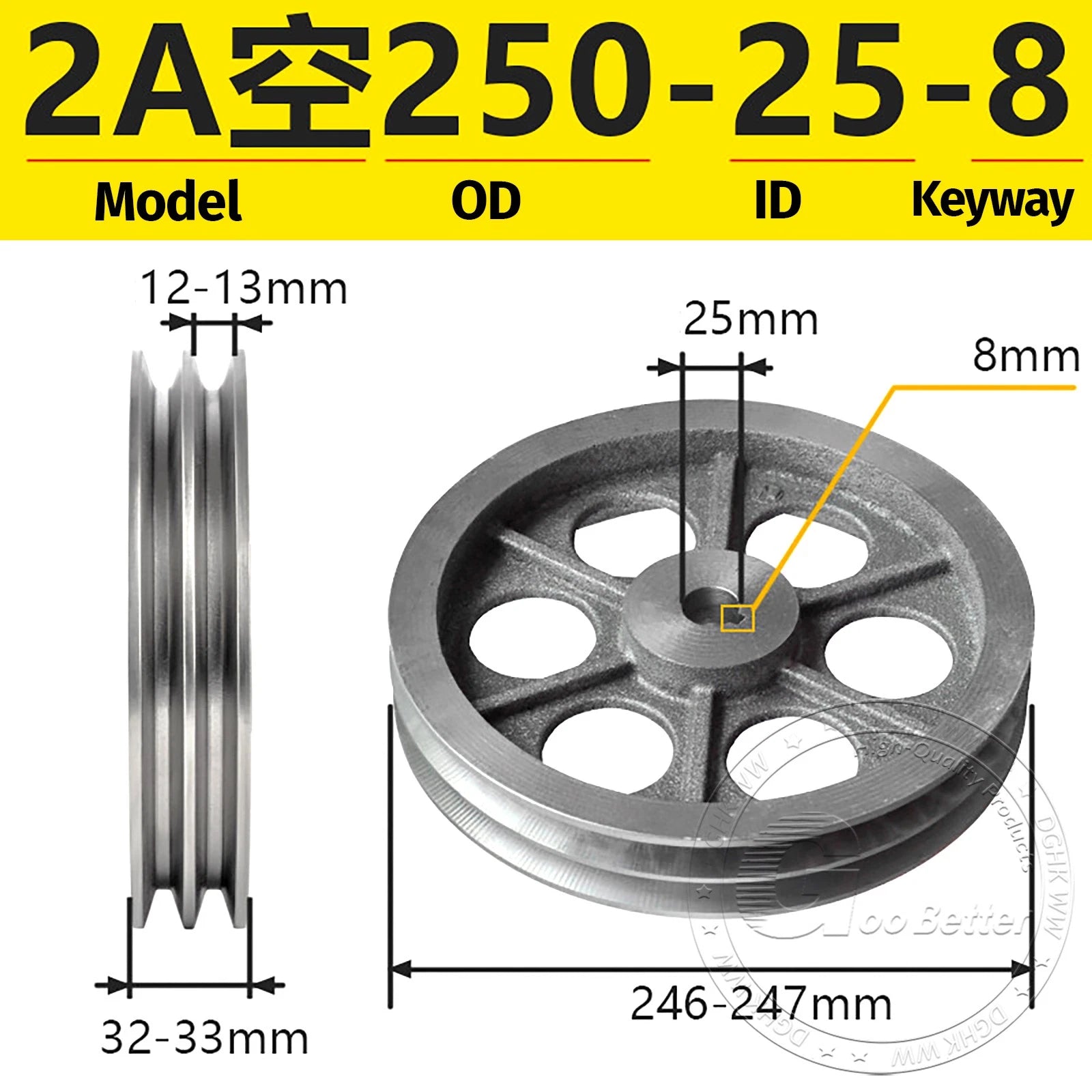 V-Belt Pulley Motor Pulleys Hollow 6-8mm Discs Dia Ø120-250mm For 2A Type Belts