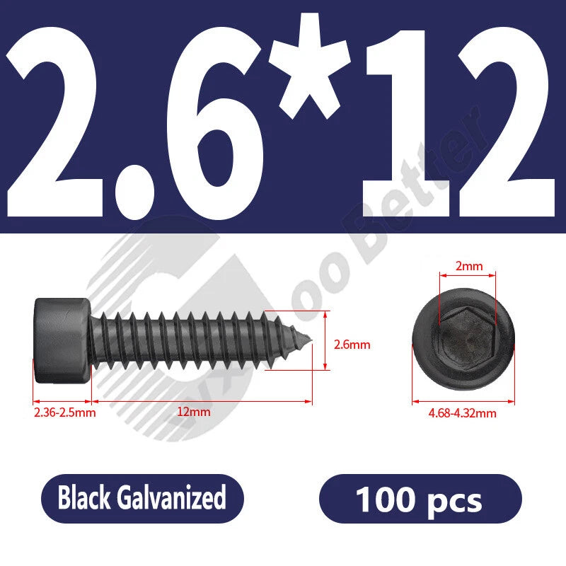 M1.7 M2 M2.3 M2.6 M3 M3.5 M4 M5 M6 Socket Head Self‑Tapping Screws – Alloy Steel, Nickel or Black Zinc