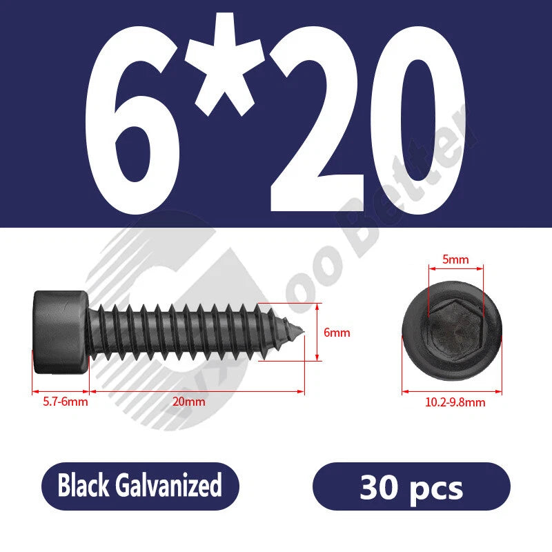 M1.7 M2 M2.3 M2.6 M3 M3.5 M4 M5 M6 Socket Head Self‑Tapping Screws – Alloy Steel, Nickel or Black Zinc