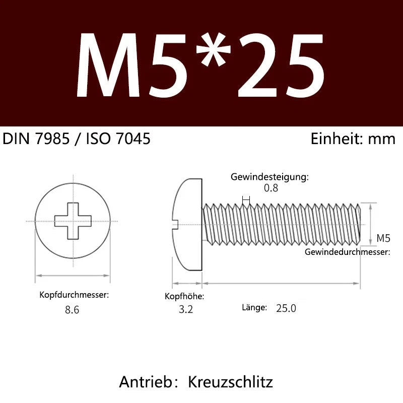6063 Aluminium Phillips Pan Head Machine Screws DIN 7985 — M1.7 to M6 Metric