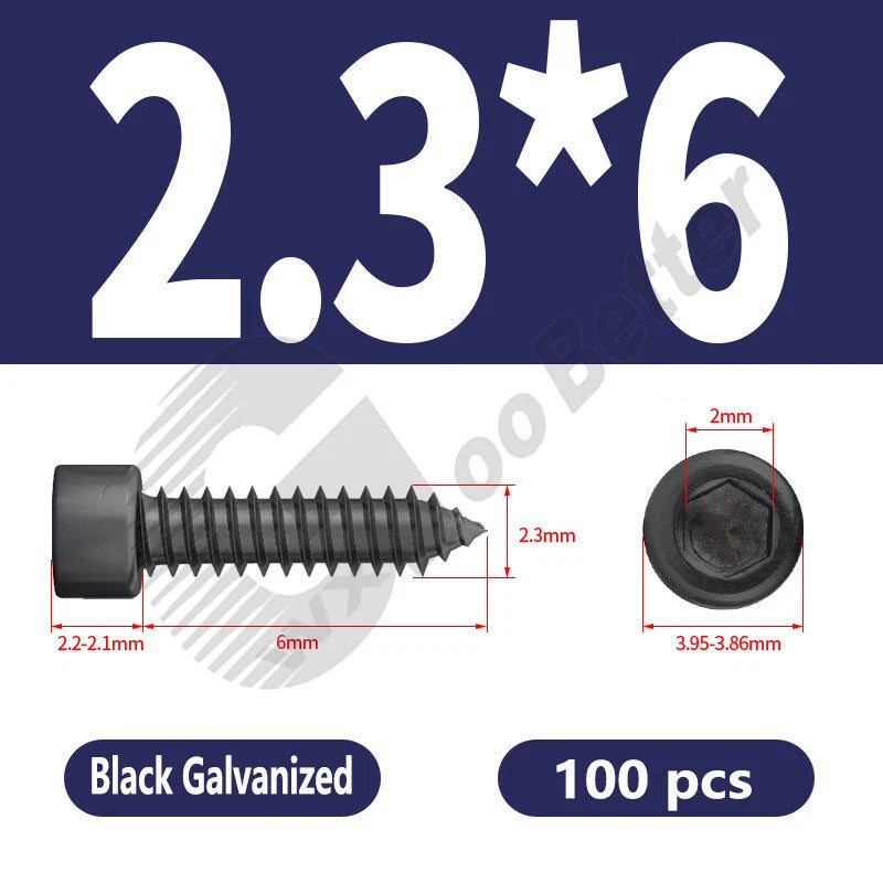 M1.7 M2 M2.3 M2.6 M3 M3.5 M4 M5 M6 Socket Head Self‑Tapping Screws – Alloy Steel, Nickel or Black Zinc