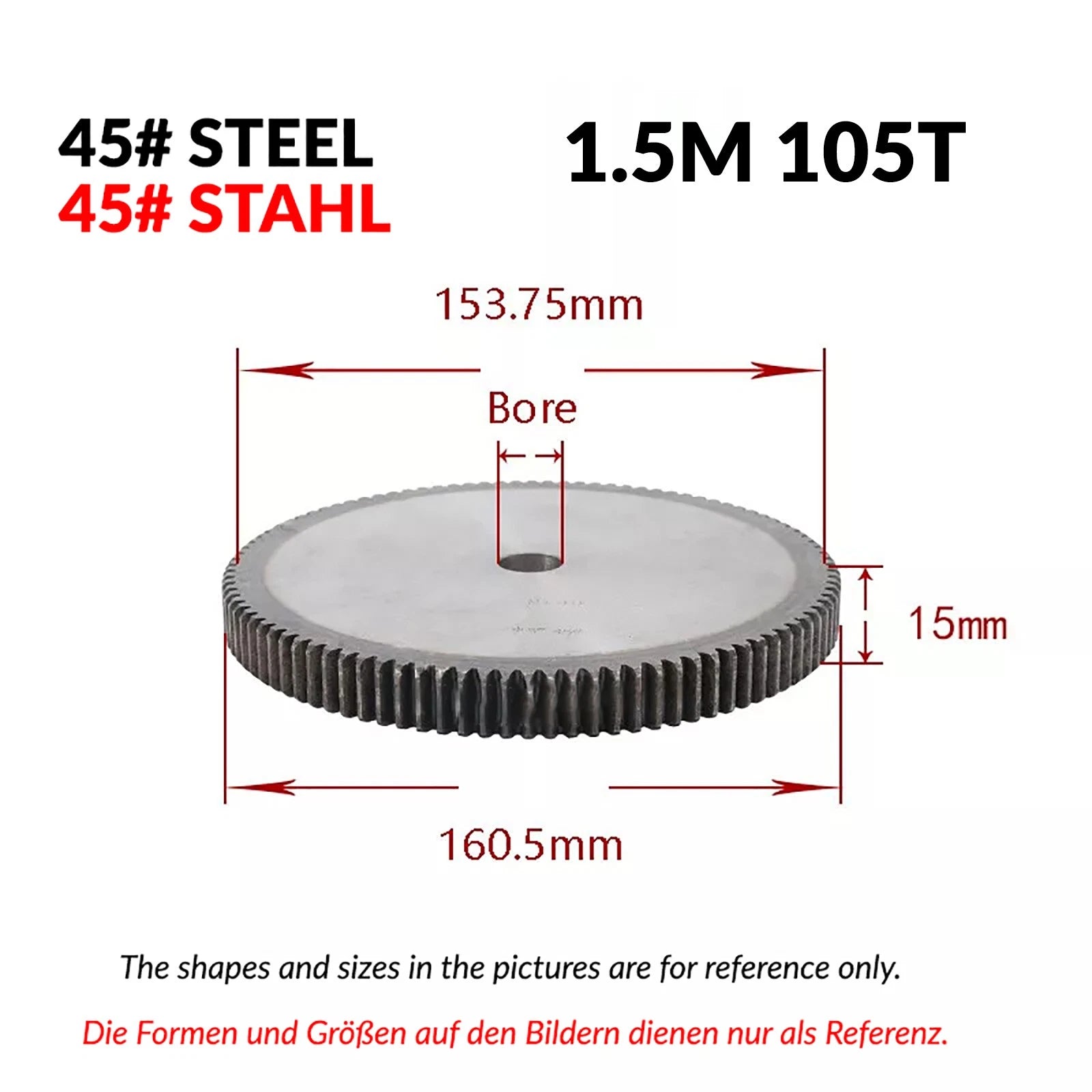 1/1.5/2 Mod 12T-150T Spur Gear 45# Steel Pinion Gear Thickn10-20mm Transmission