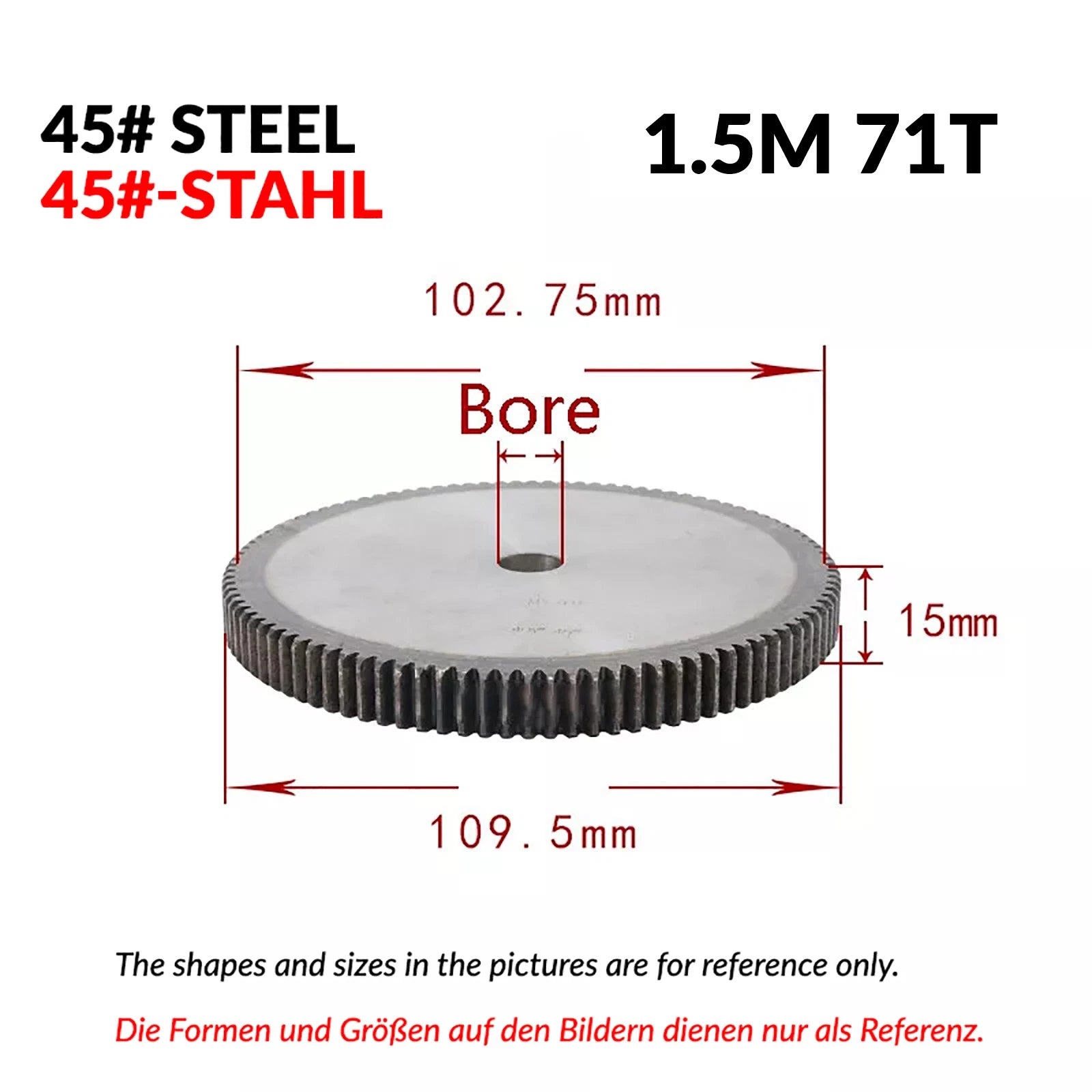 1.5 Mod 12/13/14/15/16/17/18/20-120T 45# Spur Gear Thickn 15mm Transmission Gear