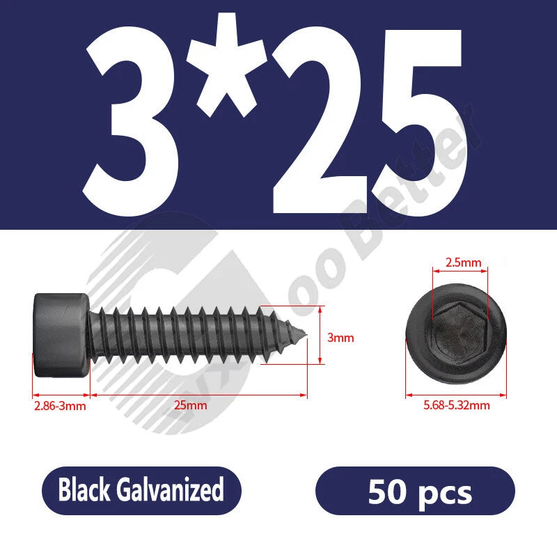 M1.7 M2 M2.3 M2.6 M3 M3.5 M4 M5 M6 Socket Head Self‑Tapping Screws – Alloy Steel, Nickel or Black Zinc