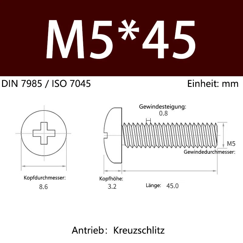6063 Aluminium Phillips Pan Head Machine Screws DIN 7985 — M1.7 to M6 Metric