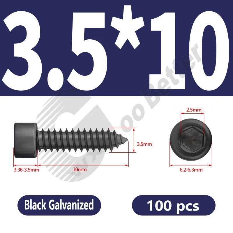 M1.7 M2 M2.3 M2.6 M3 M3.5 M4 M5 M6 Socket Head Self‑Tapping Screws – Alloy Steel, Nickel or Black Zinc