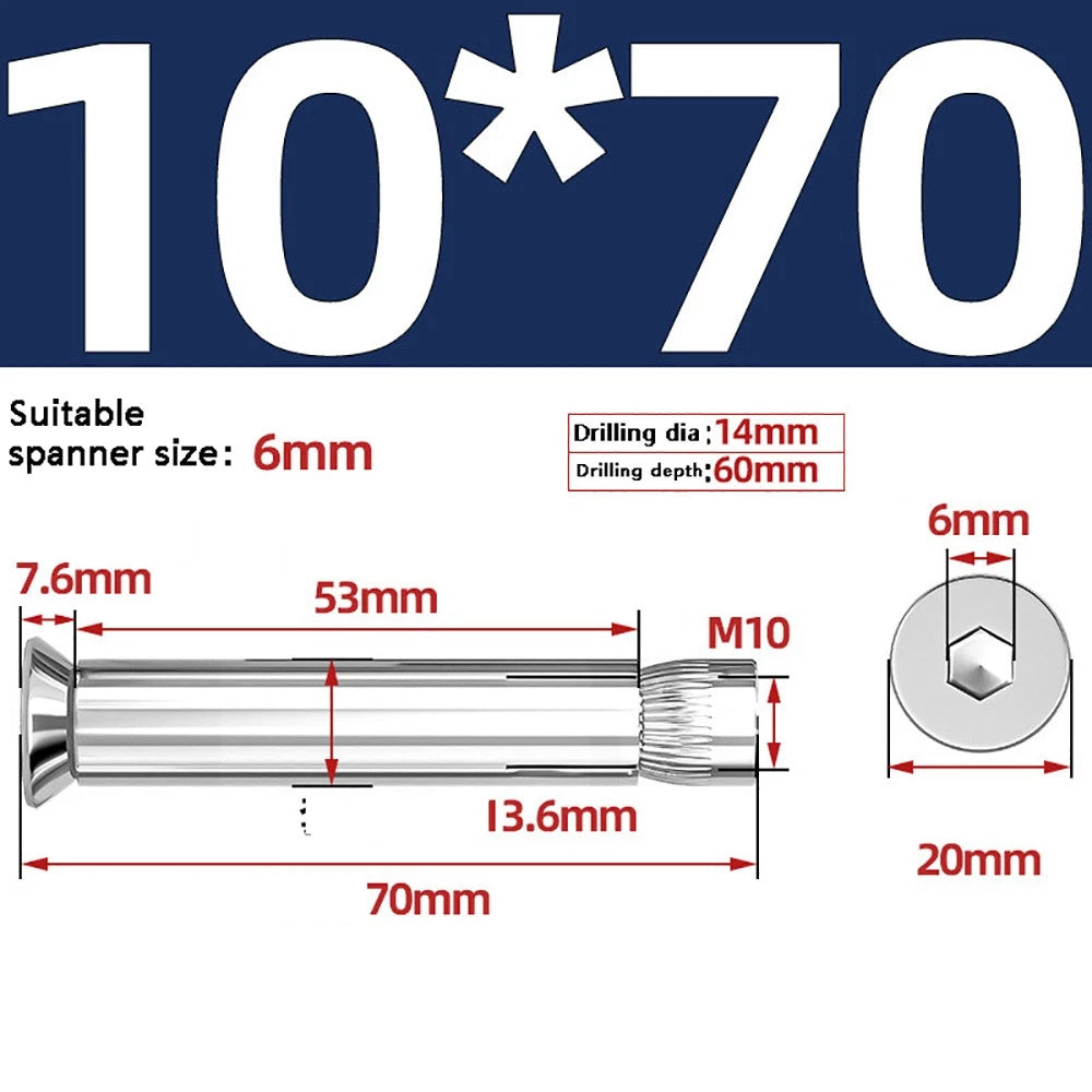 M6–M12 Countersunk Hex Socket Expansion Bolts — 304 & 201 Stainless Steel, A-Type & B-Type