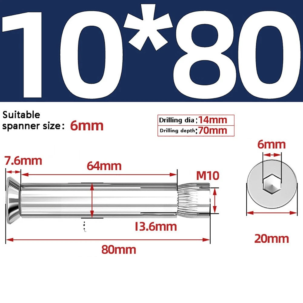 M6–M12 Countersunk Hex Socket Expansion Bolts — 304 & 201 Stainless Steel, A-Type & B-Type