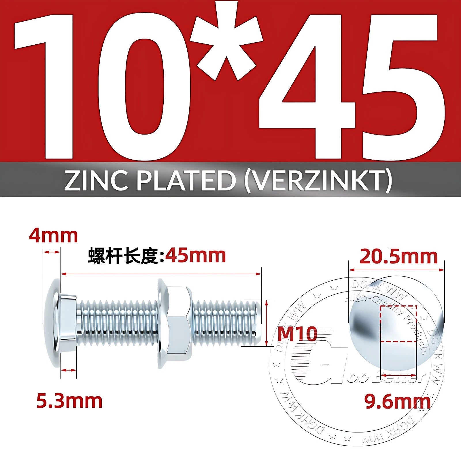 Cup Square Carriage Bolts with Hex Nut — Zinc Plated, M4 to M12