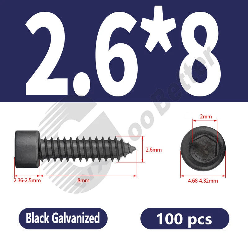 M1.7 M2 M2.3 M2.6 M3 M3.5 M4 M5 M6 Socket Head Self‑Tapping Screws – Alloy Steel, Nickel or Black Zinc