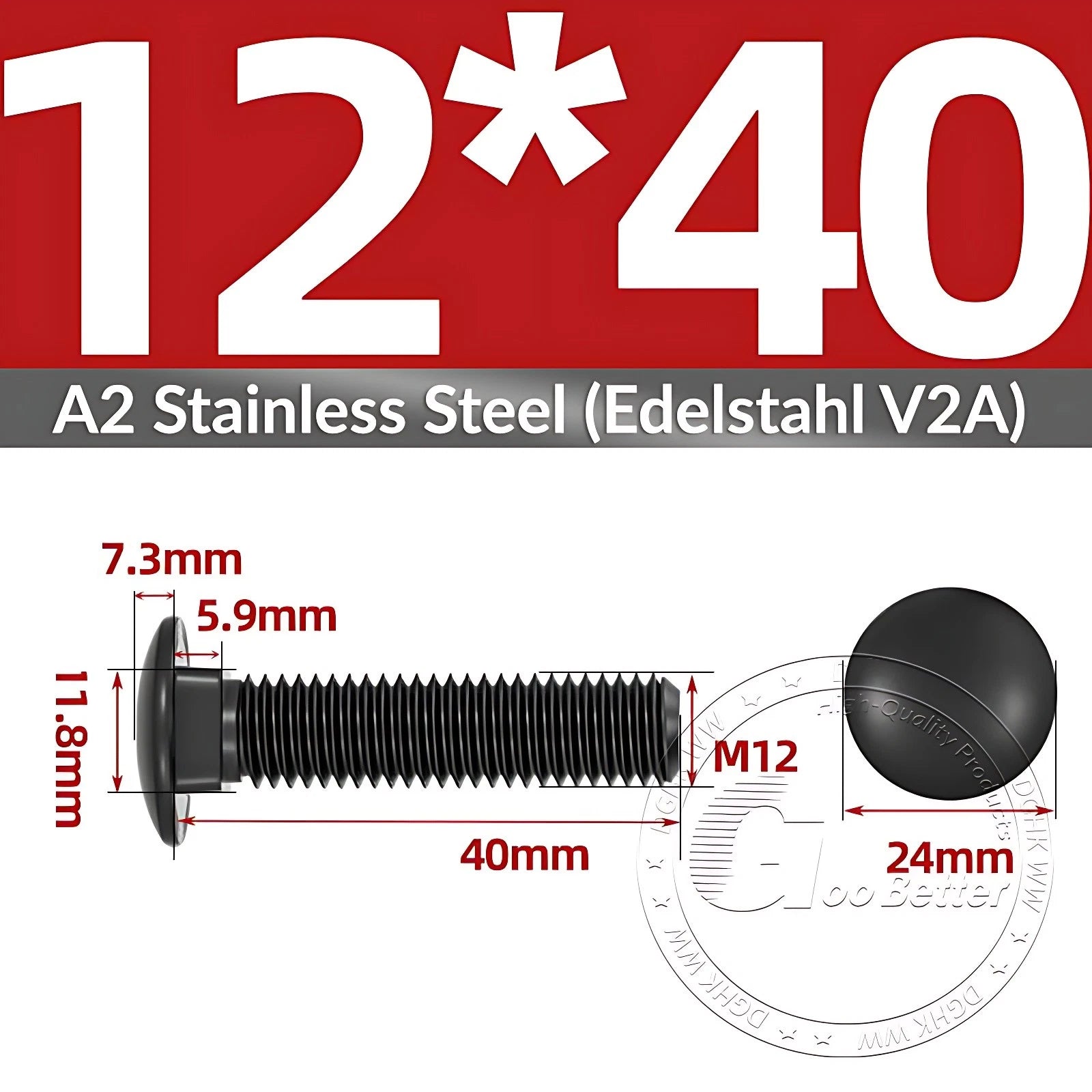 Black Stainless Steel Carriage Bolts M3–M12 | A2 Cup Square Dome Screws