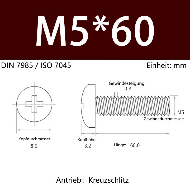 6063 Aluminium Phillips Pan Head Machine Screws DIN 7985 — M1.7 to M6 Metric