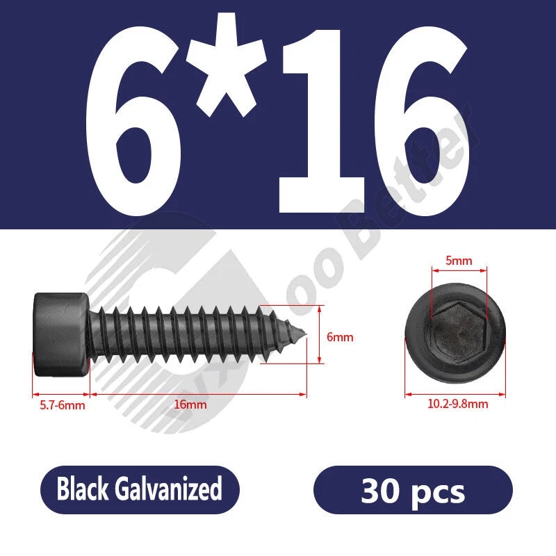 M1.7 M2 M2.3 M2.6 M3 M3.5 M4 M5 M6 Socket Head Self‑Tapping Screws – Alloy Steel, Nickel or Black Zinc
