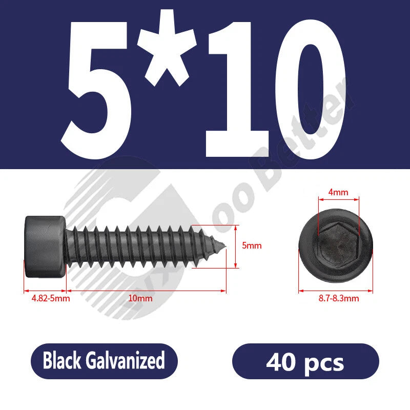 M1.7 M2 M2.3 M2.6 M3 M3.5 M4 M5 M6 Socket Head Self‑Tapping Screws – Alloy Steel, Nickel or Black Zinc