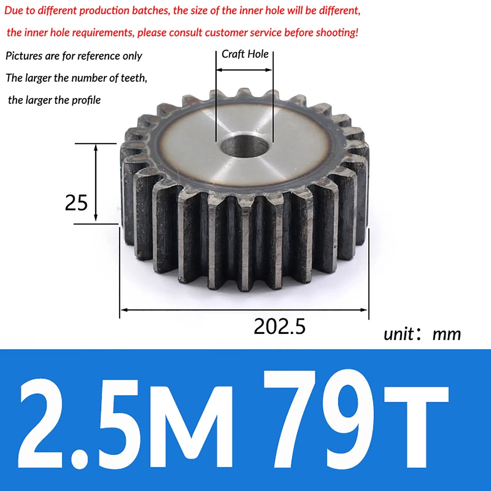 2.5 Mod 10T - 79T Spur Gear 45# Steel Pinion Gear Thickn 25MM Transmission Gear