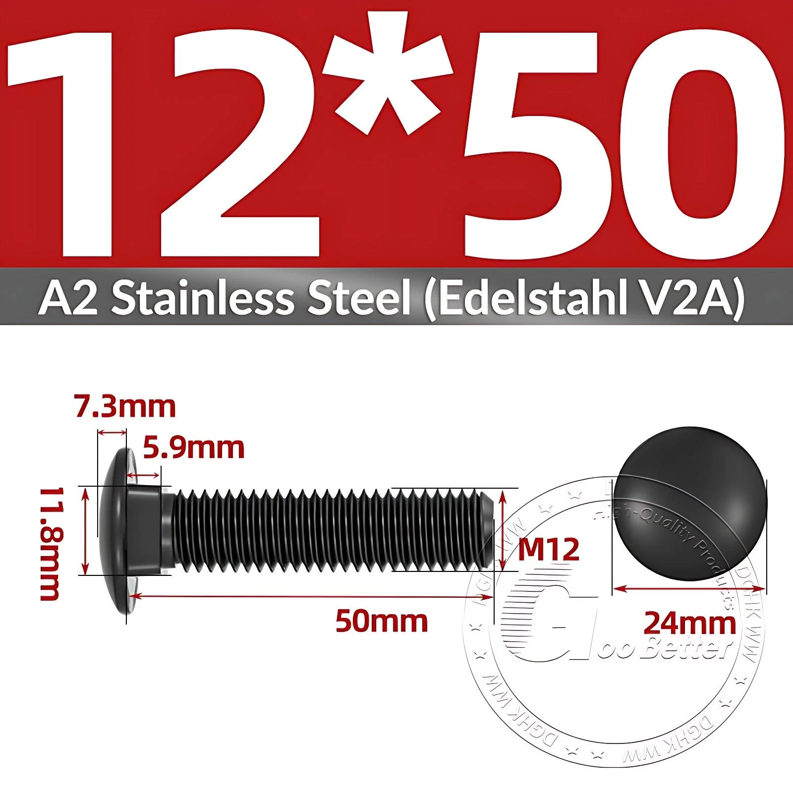 Black Stainless Steel Carriage Bolts M3–M12 | A2 Cup Square Dome Screws