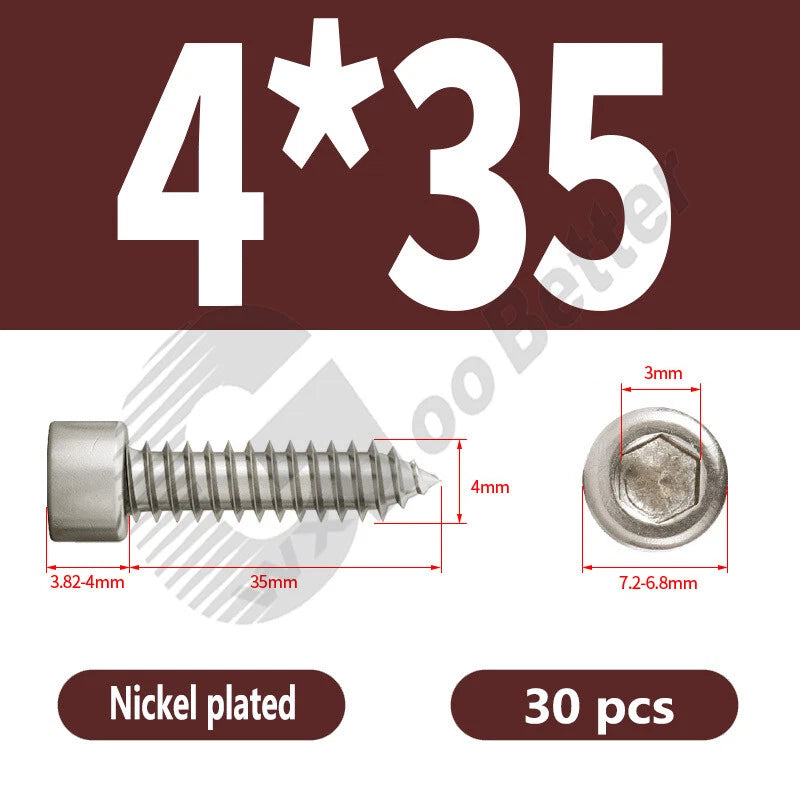 M1.7 M2 M2.3 M2.6 M3 M3.5 M4 M5 M6 Socket Head Self‑Tapping Screws – Alloy Steel, Nickel or Black Zinc