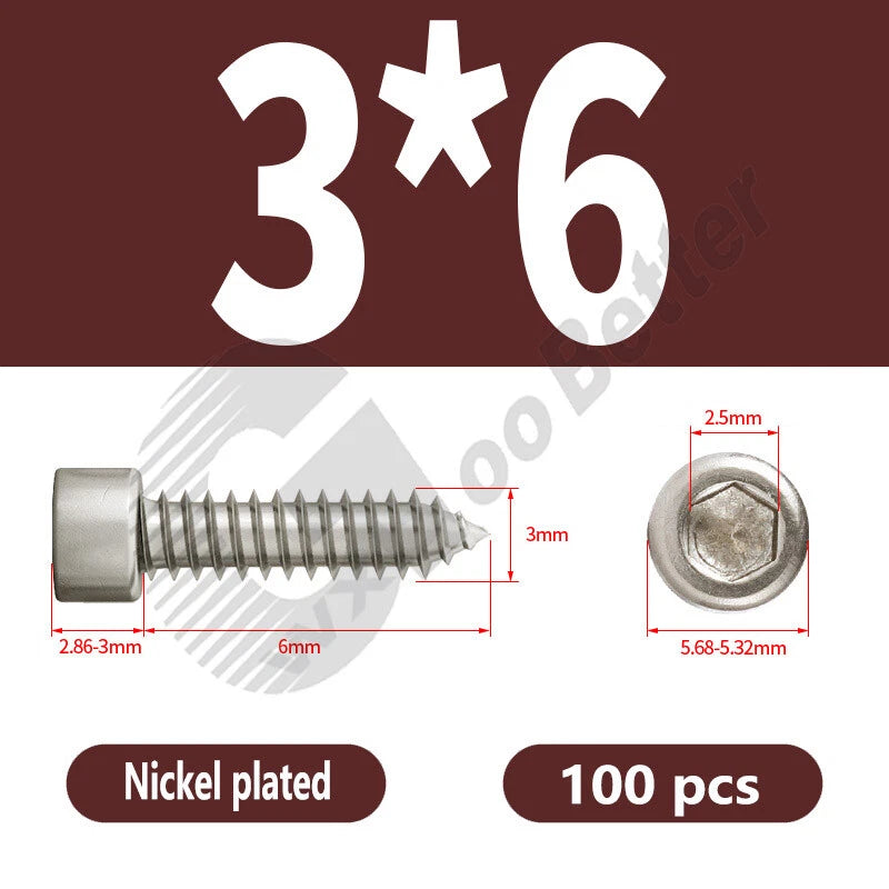 M1.7 M2 M2.3 M2.6 M3 M3.5 M4 M5 M6 Socket Head Self‑Tapping Screws – Alloy Steel, Nickel or Black Zinc