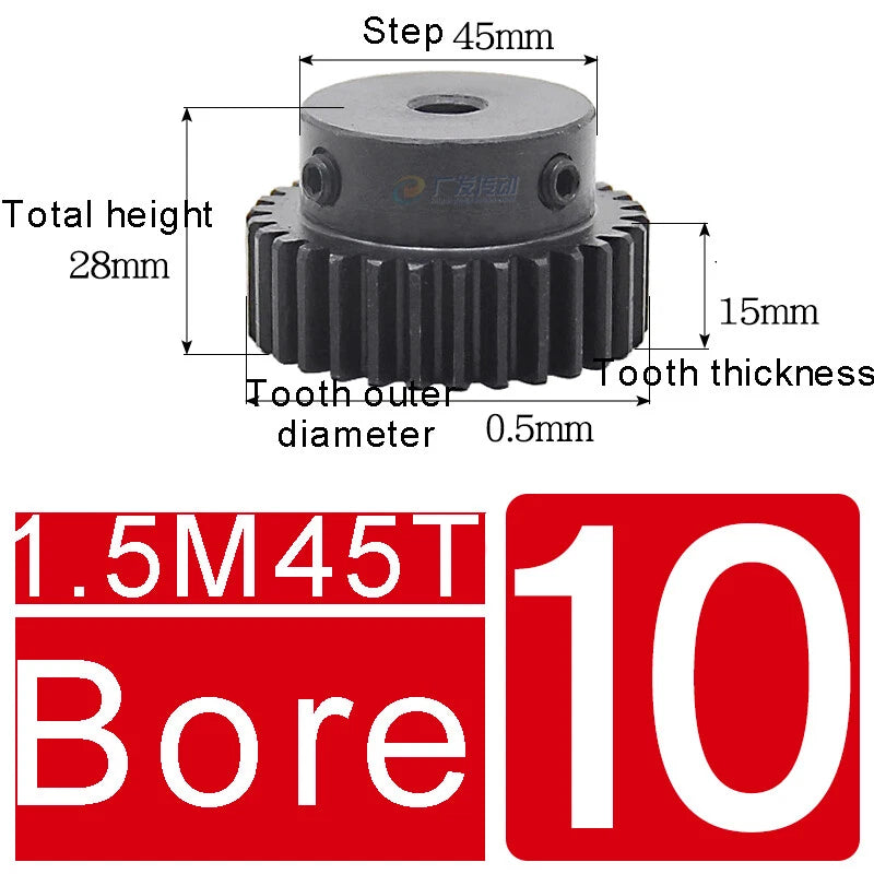 1.5Mod 45# Steel Spur Gears 10-150T Pinion Gear With Step Motor Gear Bore 5-25mm