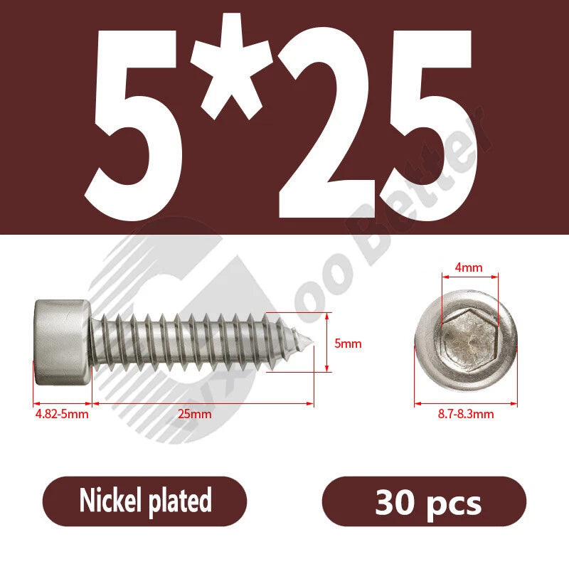 M1.7 M2 M2.3 M2.6 M3 M3.5 M4 M5 M6 Socket Head Self‑Tapping Screws – Alloy Steel, Nickel or Black Zinc