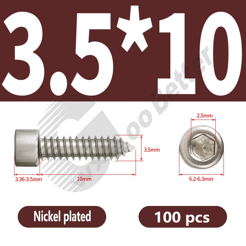 M1.7 M2 M2.3 M2.6 M3 M3.5 M4 M5 M6 Socket Head Self‑Tapping Screws – Alloy Steel, Nickel or Black Zinc