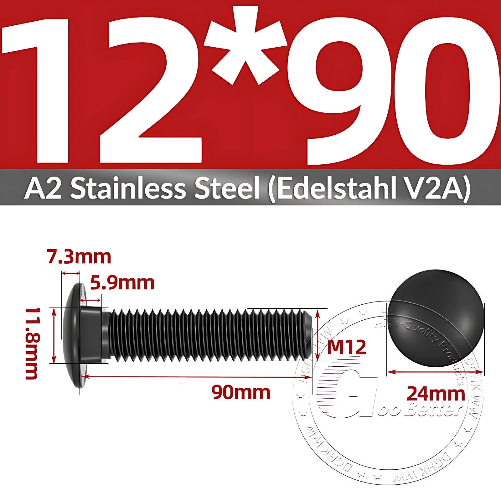 Black Stainless Steel Carriage Bolts M3–M12 | A2 Cup Square Dome Screws