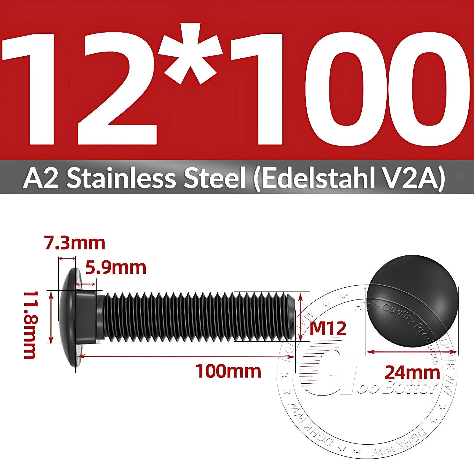 Black Stainless Steel Carriage Bolts M3–M12 | A2 Cup Square Dome Screws
