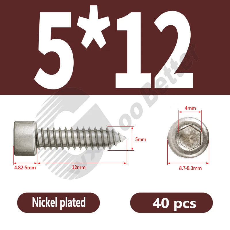 M1.7 M2 M2.3 M2.6 M3 M3.5 M4 M5 M6 Socket Head Self‑Tapping Screws – Alloy Steel, Nickel or Black Zinc