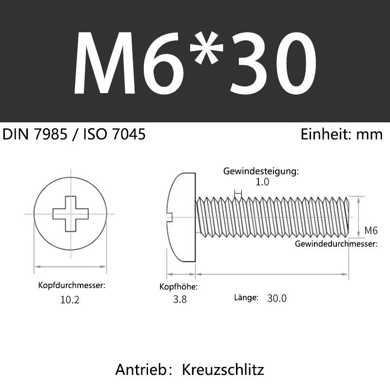6063 Aluminium Phillips Pan Head Machine Screws DIN 7985 — M1.7 to M6 Metric