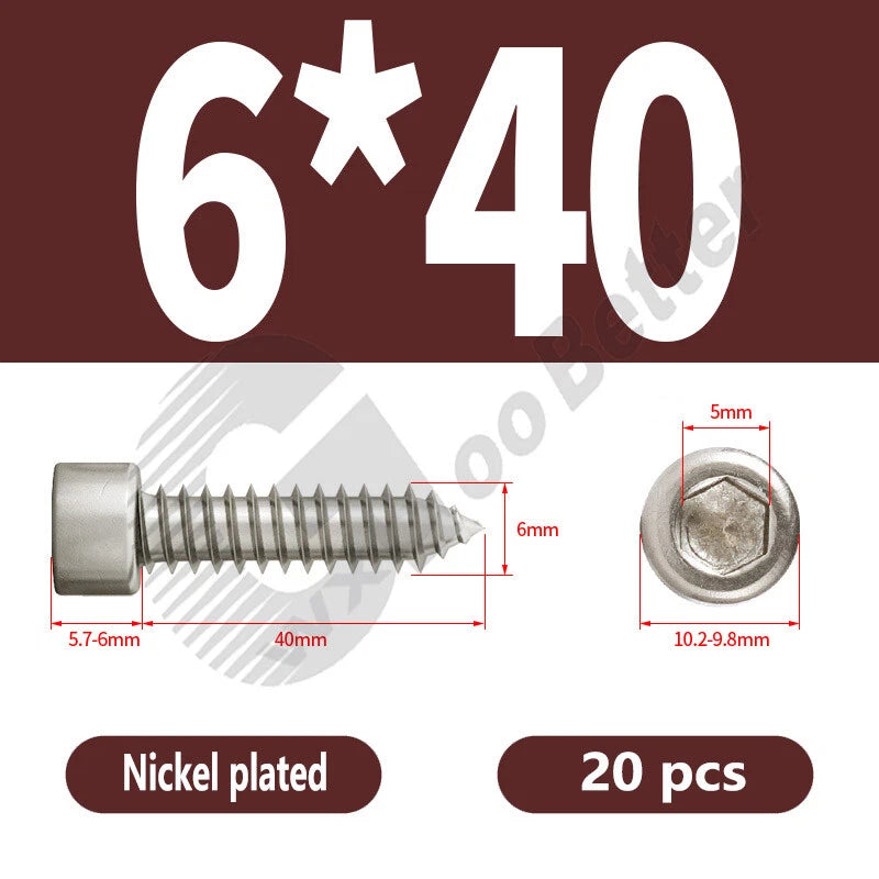 M1.7 M2 M2.3 M2.6 M3 M3.5 M4 M5 M6 Socket Head Self‑Tapping Screws – Alloy Steel, Nickel or Black Zinc
