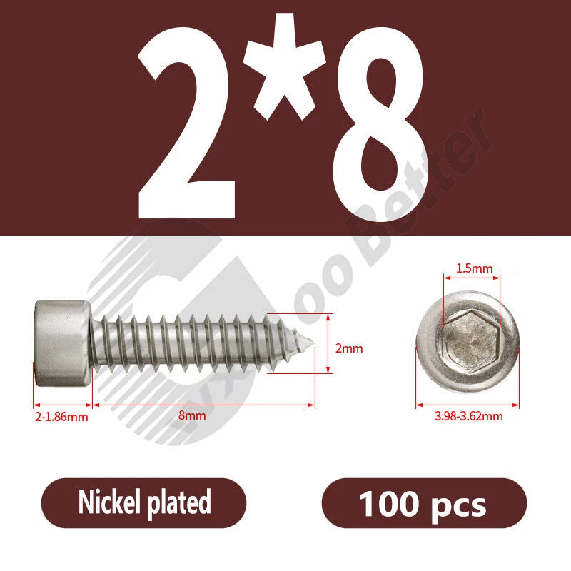 M1.7 M2 M2.3 M2.6 M3 M3.5 M4 M5 M6 Socket Head Self‑Tapping Screws – Alloy Steel, Nickel or Black Zinc