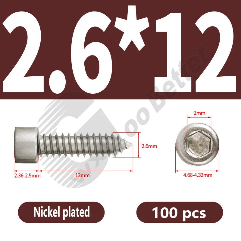 M1.7 M2 M2.3 M2.6 M3 M3.5 M4 M5 M6 Socket Head Self‑Tapping Screws – Alloy Steel, Nickel or Black Zinc
