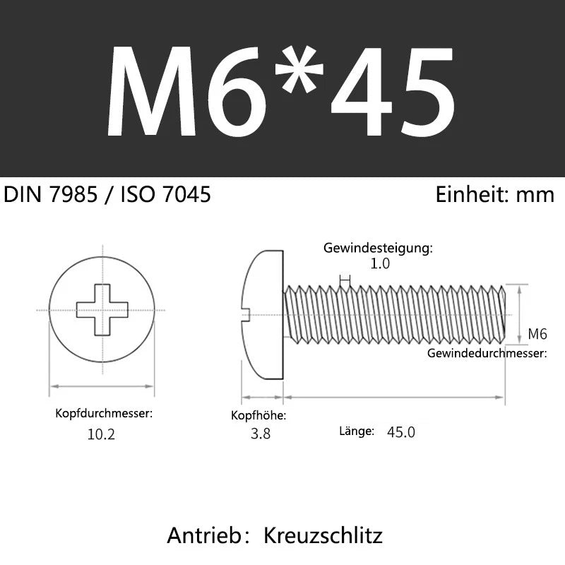 6063 Aluminium Phillips Pan Head Machine Screws DIN 7985 — M1.7 to M6 Metric