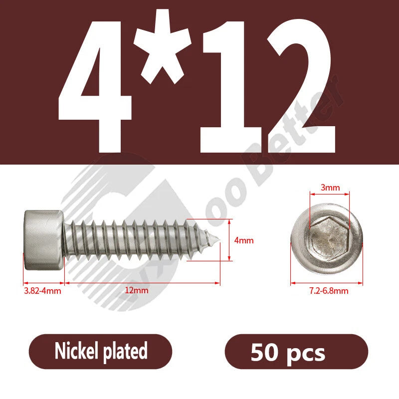 M1.7 M2 M2.3 M2.6 M3 M3.5 M4 M5 M6 Socket Head Self‑Tapping Screws – Alloy Steel, Nickel or Black Zinc