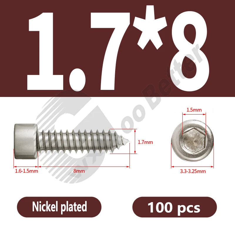 M1.7 M2 M2.3 M2.6 M3 M3.5 M4 M5 M6 Socket Head Self‑Tapping Screws – Alloy Steel, Nickel or Black Zinc
