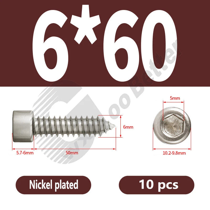M1.7 M2 M2.3 M2.6 M3 M3.5 M4 M5 M6 Socket Head Self‑Tapping Screws – Alloy Steel, Nickel or Black Zinc
