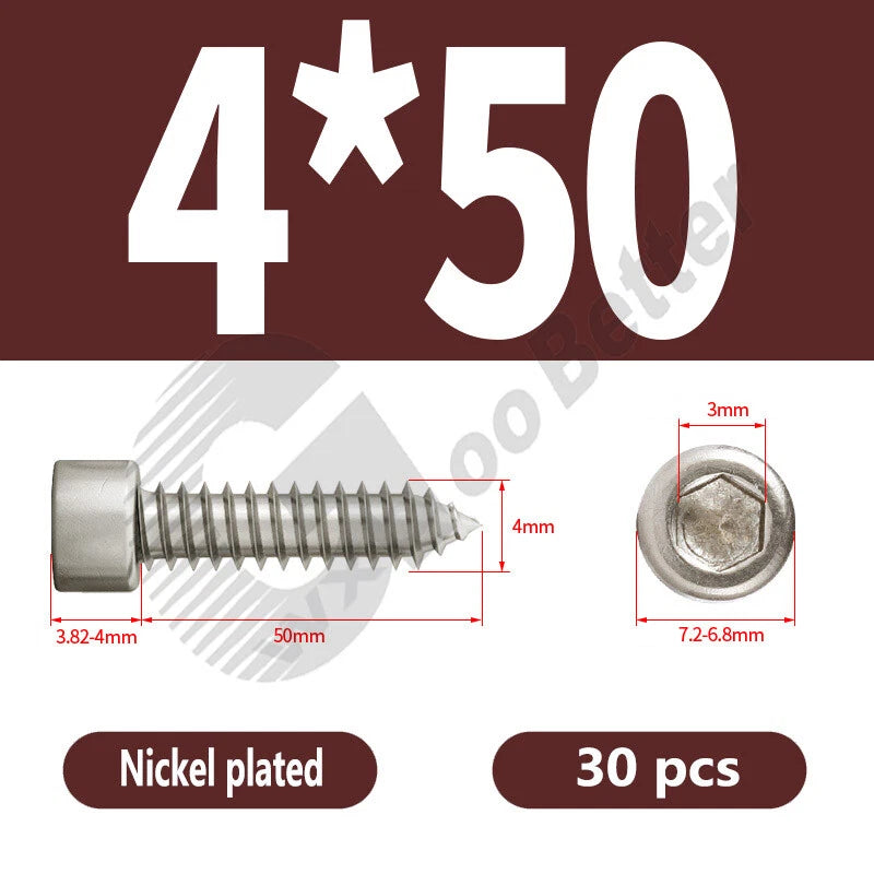 M1.7 M2 M2.3 M2.6 M3 M3.5 M4 M5 M6 Socket Head Self‑Tapping Screws – Alloy Steel, Nickel or Black Zinc
