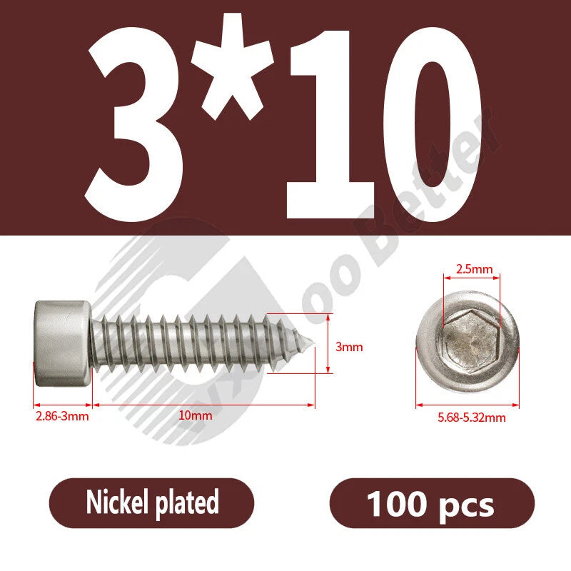 M1.7 M2 M2.3 M2.6 M3 M3.5 M4 M5 M6 Socket Head Self‑Tapping Screws – Alloy Steel, Nickel or Black Zinc