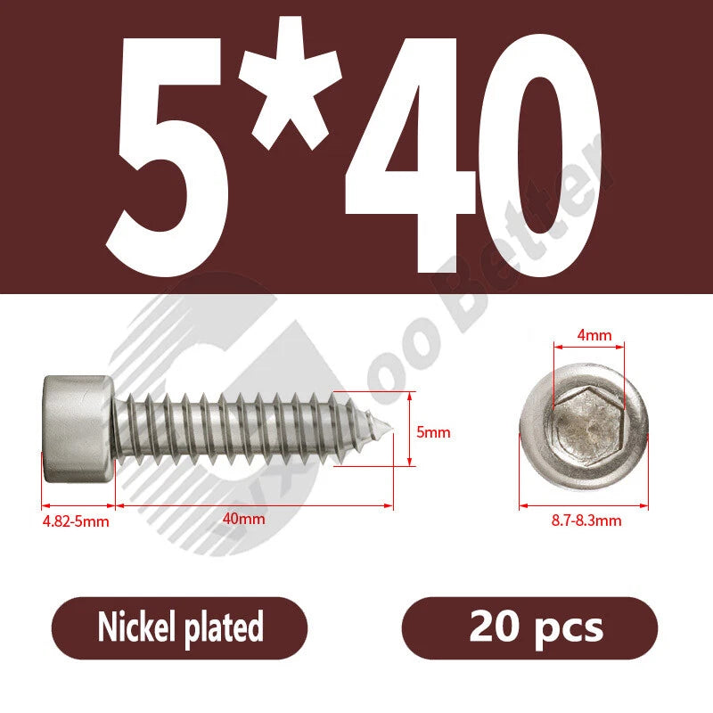 M1.7 M2 M2.3 M2.6 M3 M3.5 M4 M5 M6 Socket Head Self‑Tapping Screws – Alloy Steel, Nickel or Black Zinc