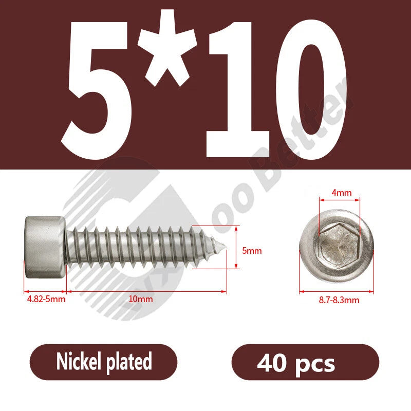 M1.7 M2 M2.3 M2.6 M3 M3.5 M4 M5 M6 Socket Head Self‑Tapping Screws – Alloy Steel, Nickel or Black Zinc