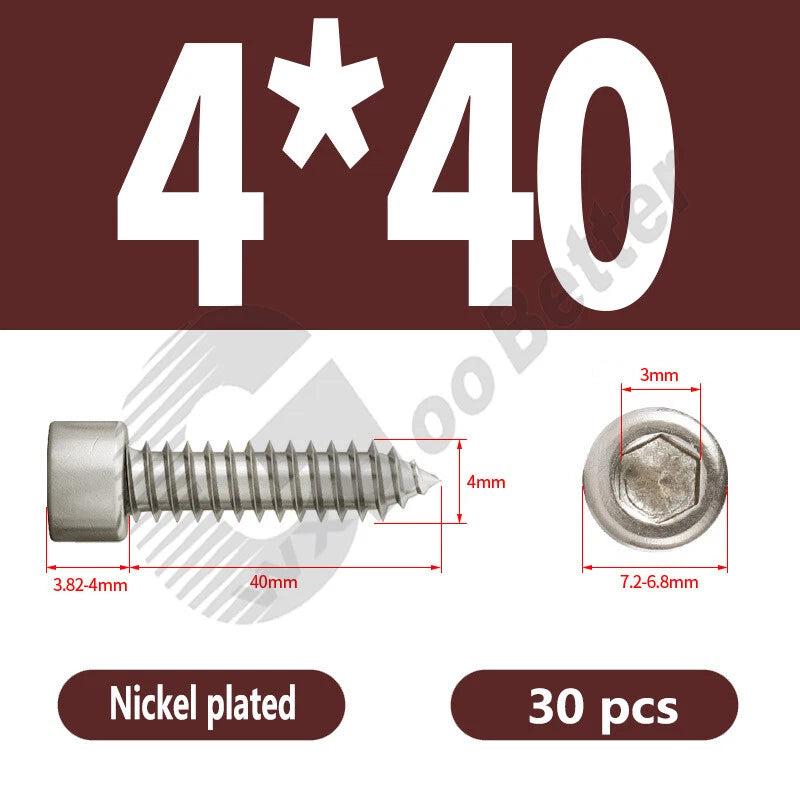 M1.7 M2 M2.3 M2.6 M3 M3.5 M4 M5 M6 Socket Head Self‑Tapping Screws – Alloy Steel, Nickel or Black Zinc